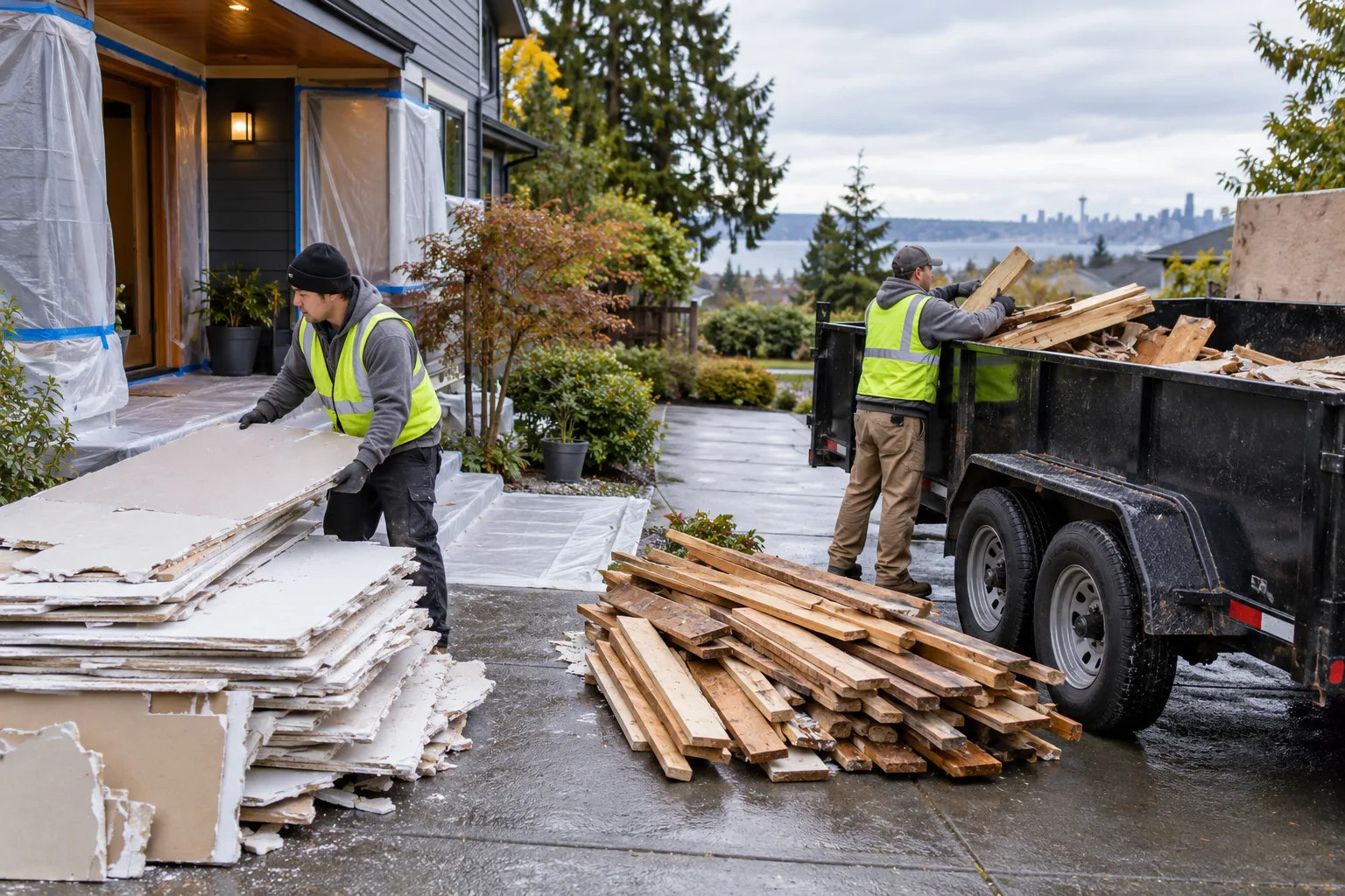 Workers loading sorted renovation debris into an unbranded trailer