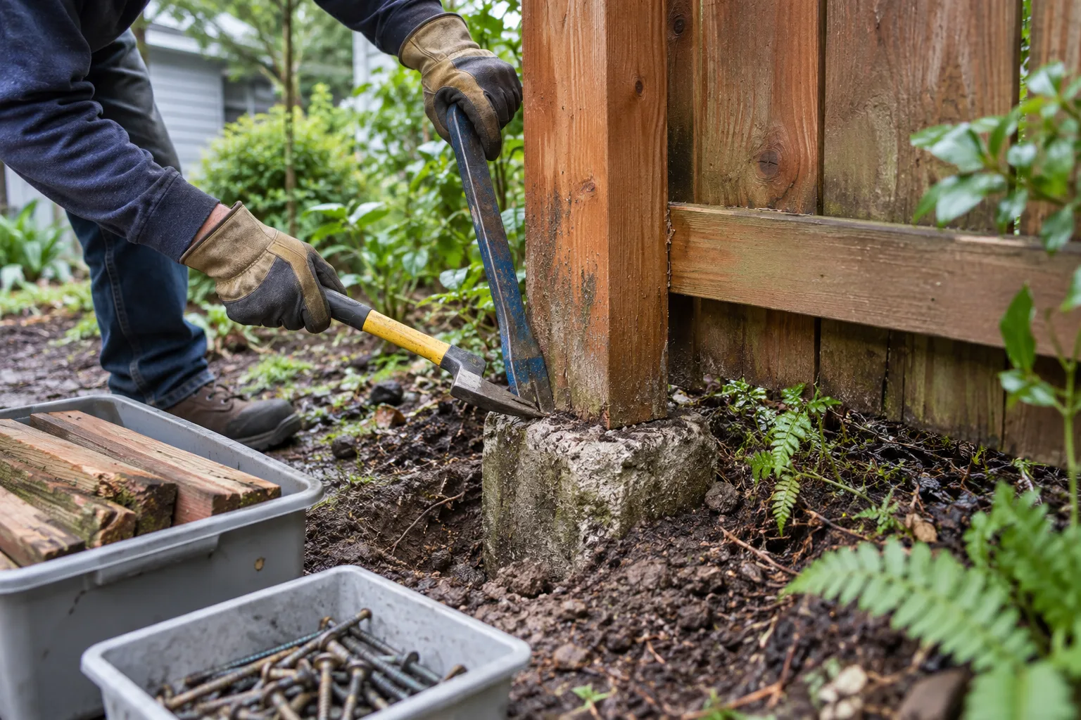 Worker loosening a fence post beside a concrete footing