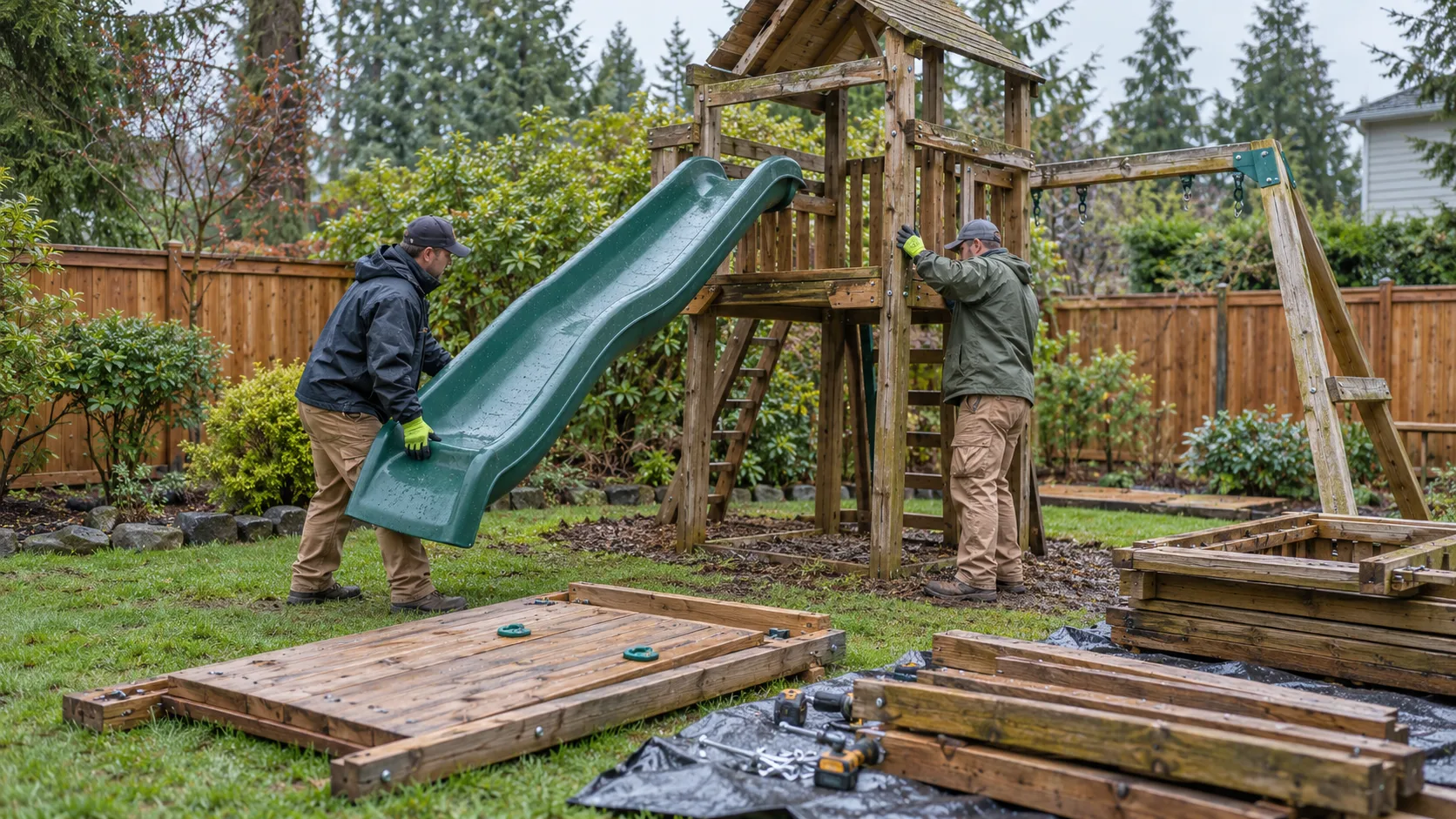 Workers dismantling a wooden play structure in a Seattle-area backyard
