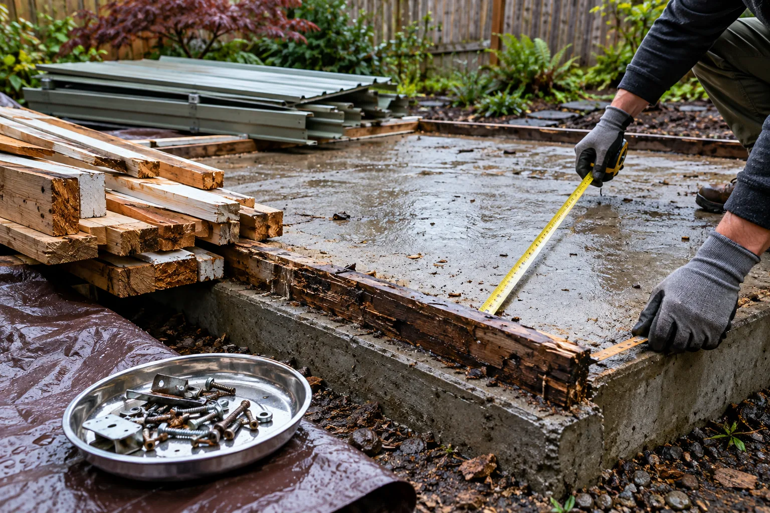 Worker measuring a cleared shed base beside sorted lumber and fasteners