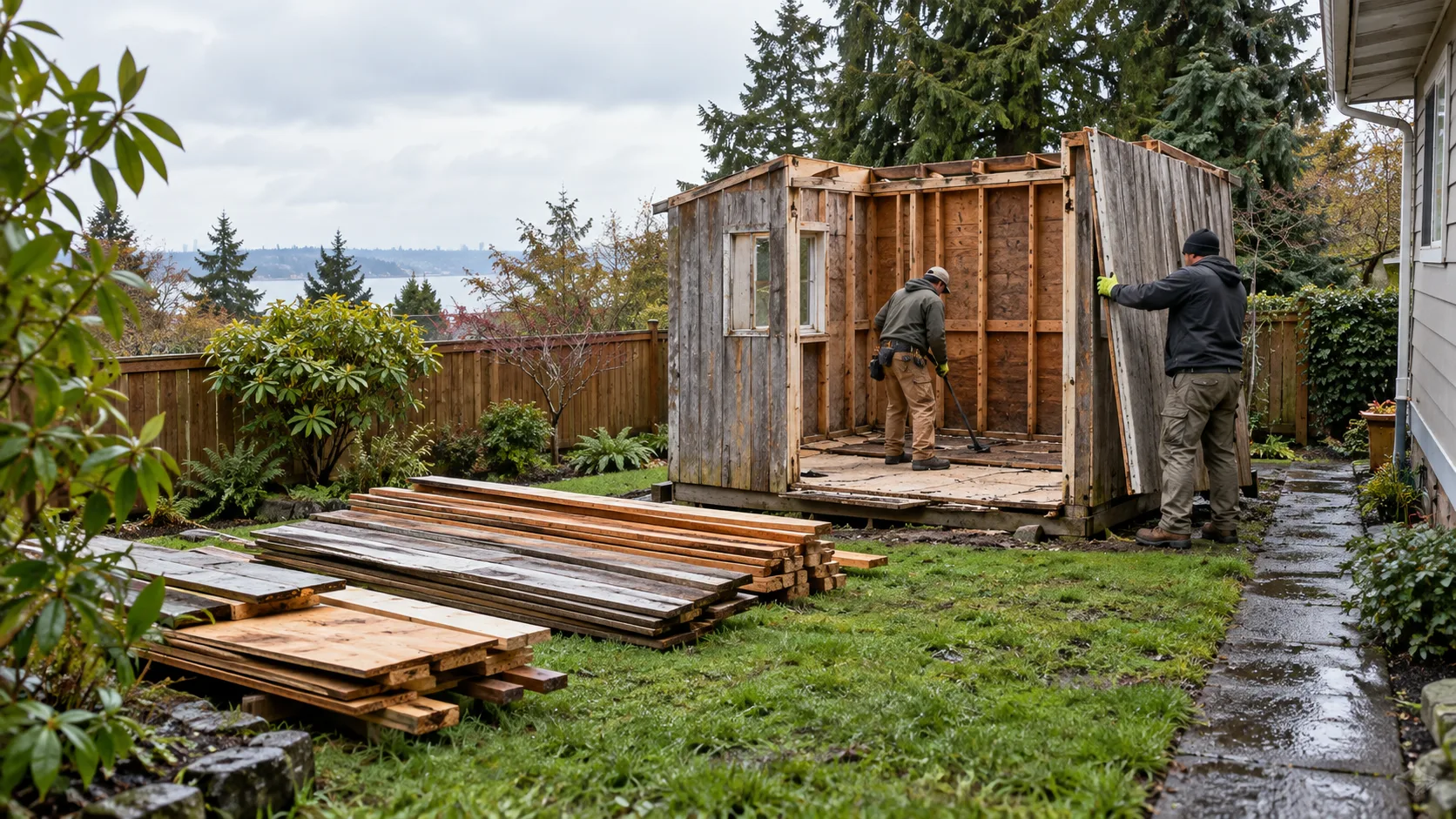 Weathered wooden shed being dismantled in a wet Seattle backyard